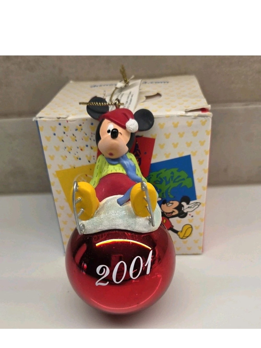 Vintage 2001 Disney Store Mickey Mouse Ice Skating Red Glass Ball Ornament